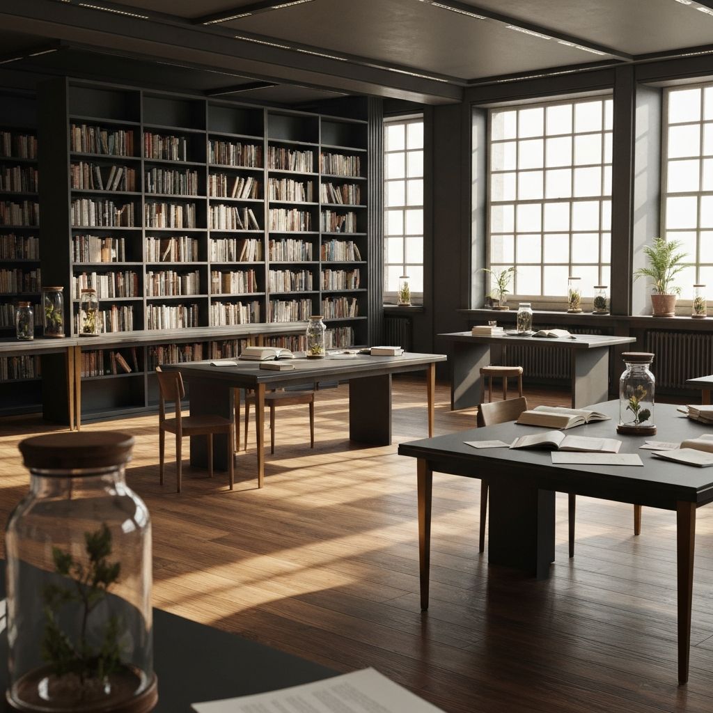 Interior of a serene institutional knowledge center with bookshelves and natural light