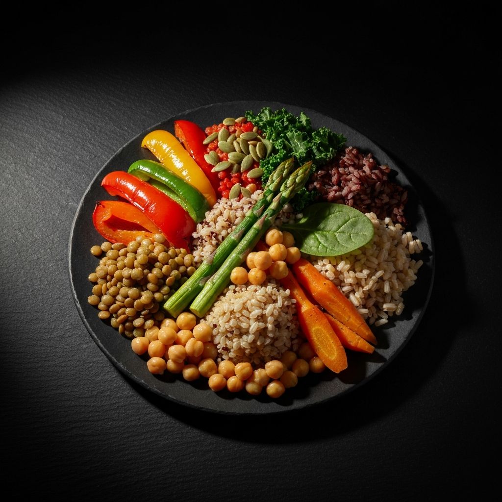 Balanced meal arrangement showing diverse whole food groups on a dark slate surface