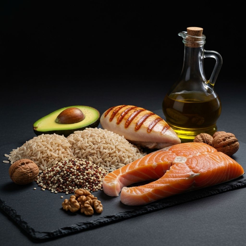 Diverse arrangement of protein, carbohydrate and fat food sources on a dark surface